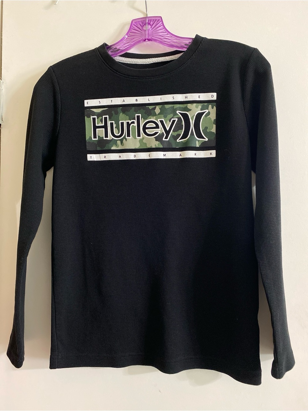 Hurley Black Long Sleeve Tee with Green Camo Logo Panel